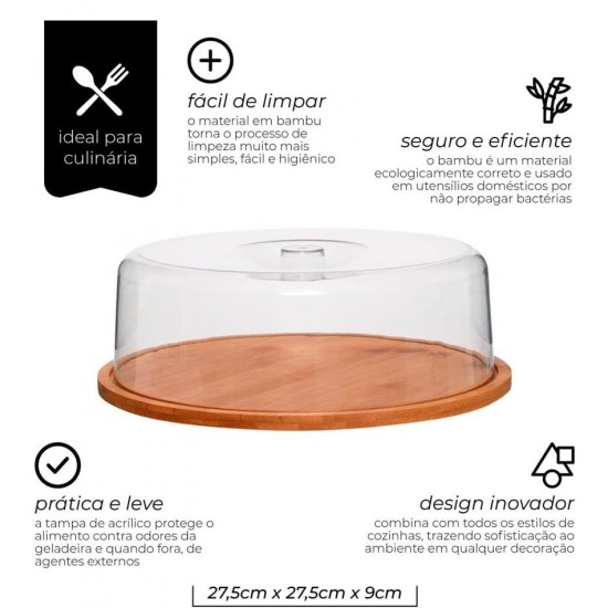 Boleira 27,5cm Prata Em Bambu Com Tampa Acrílica Ecoktichen